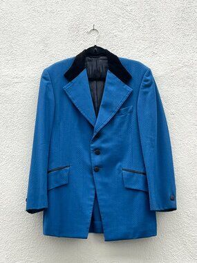 Vintage 60s 70s Prince Edward Blue Herringbone Black Velvet Tuxedo Jacket 38R